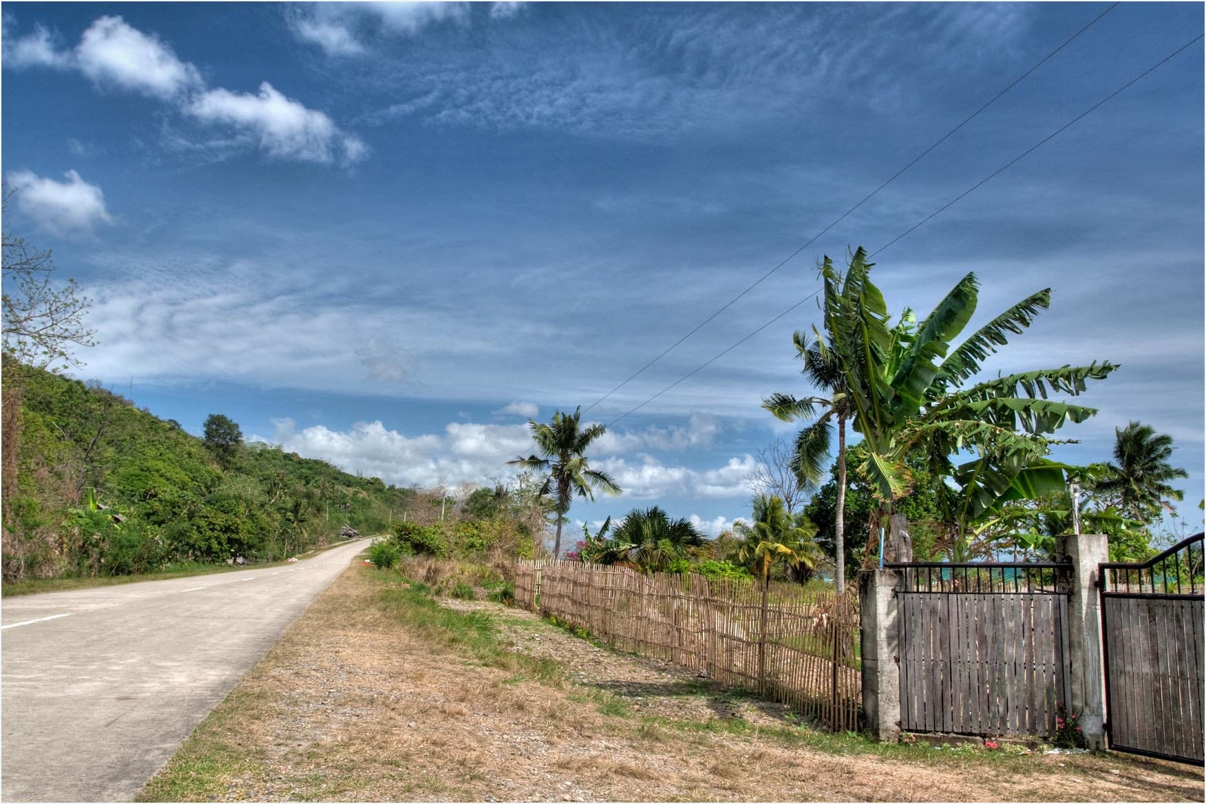 A smooth concrete road curving along a green hillside past banana plants, a bamboo fence and a wooden gate