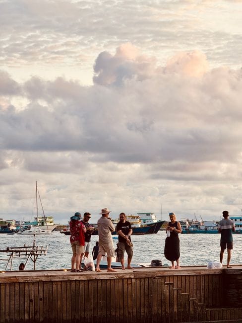 People standing on a wooden pier in Male at dusk with bags at their feet, a line of working cargo boats and a crane across the water behind them.