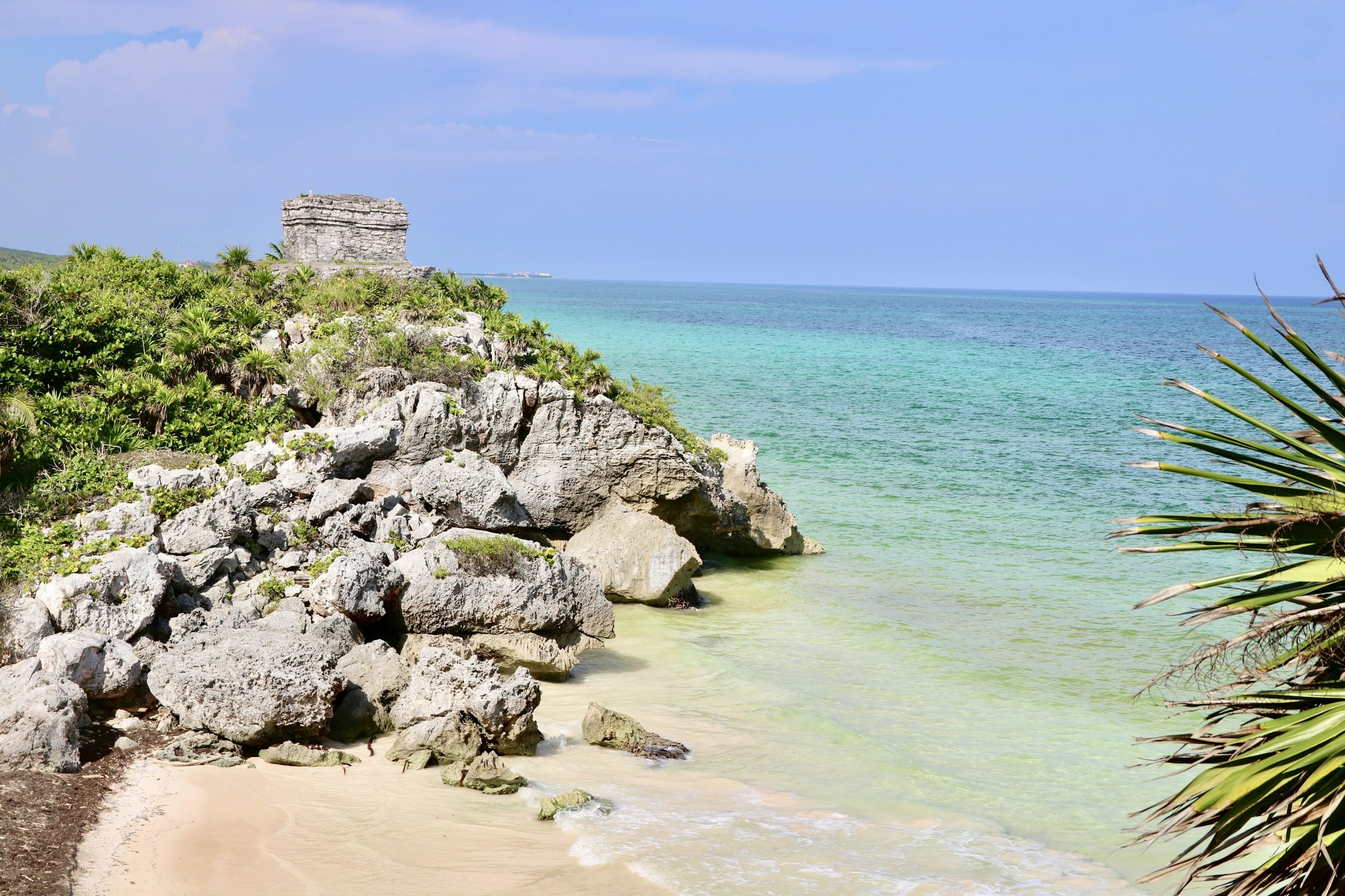 The clifftop temple above the cove at Tulum