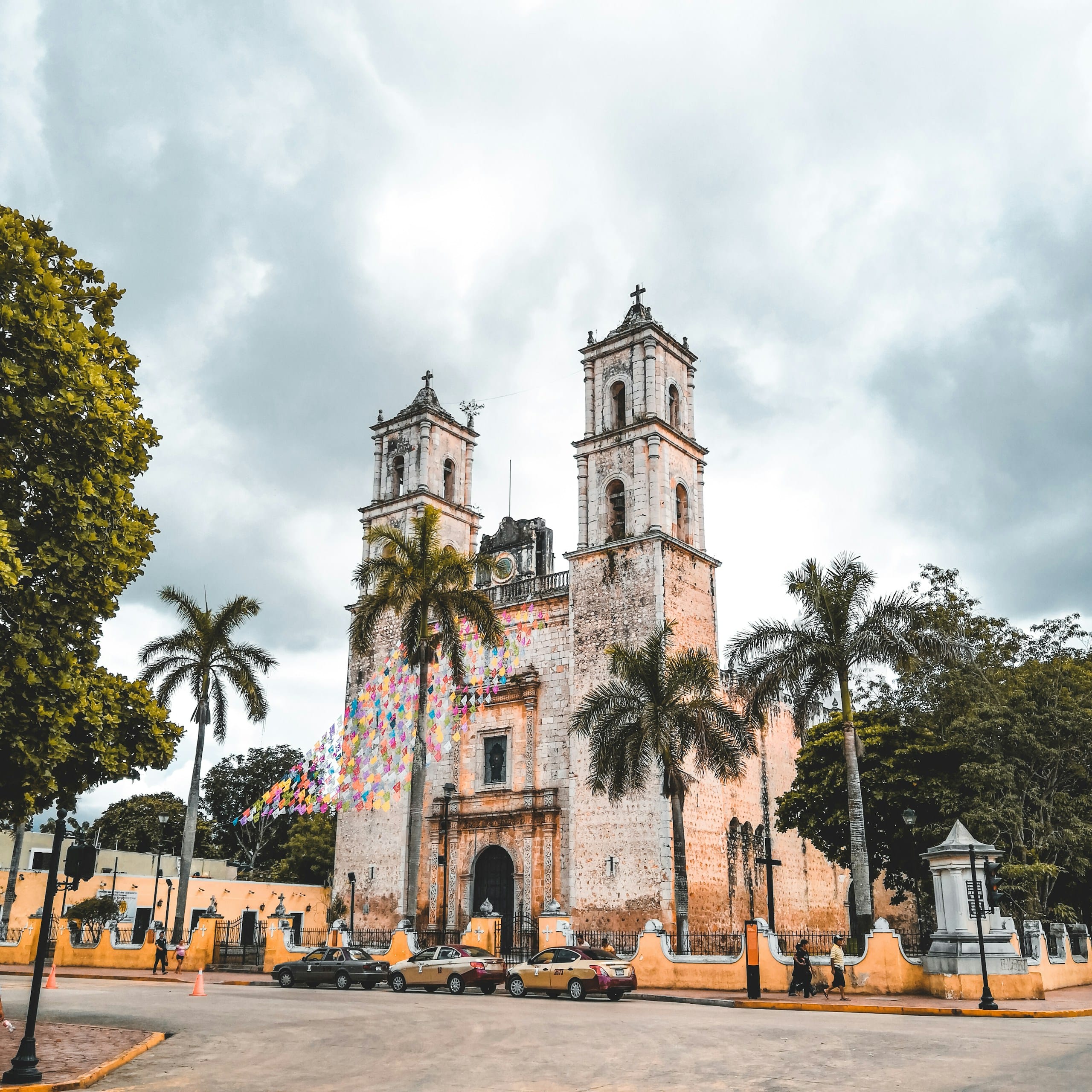 The twin-towered cathedral on the main square in Valladolid, Yucatan