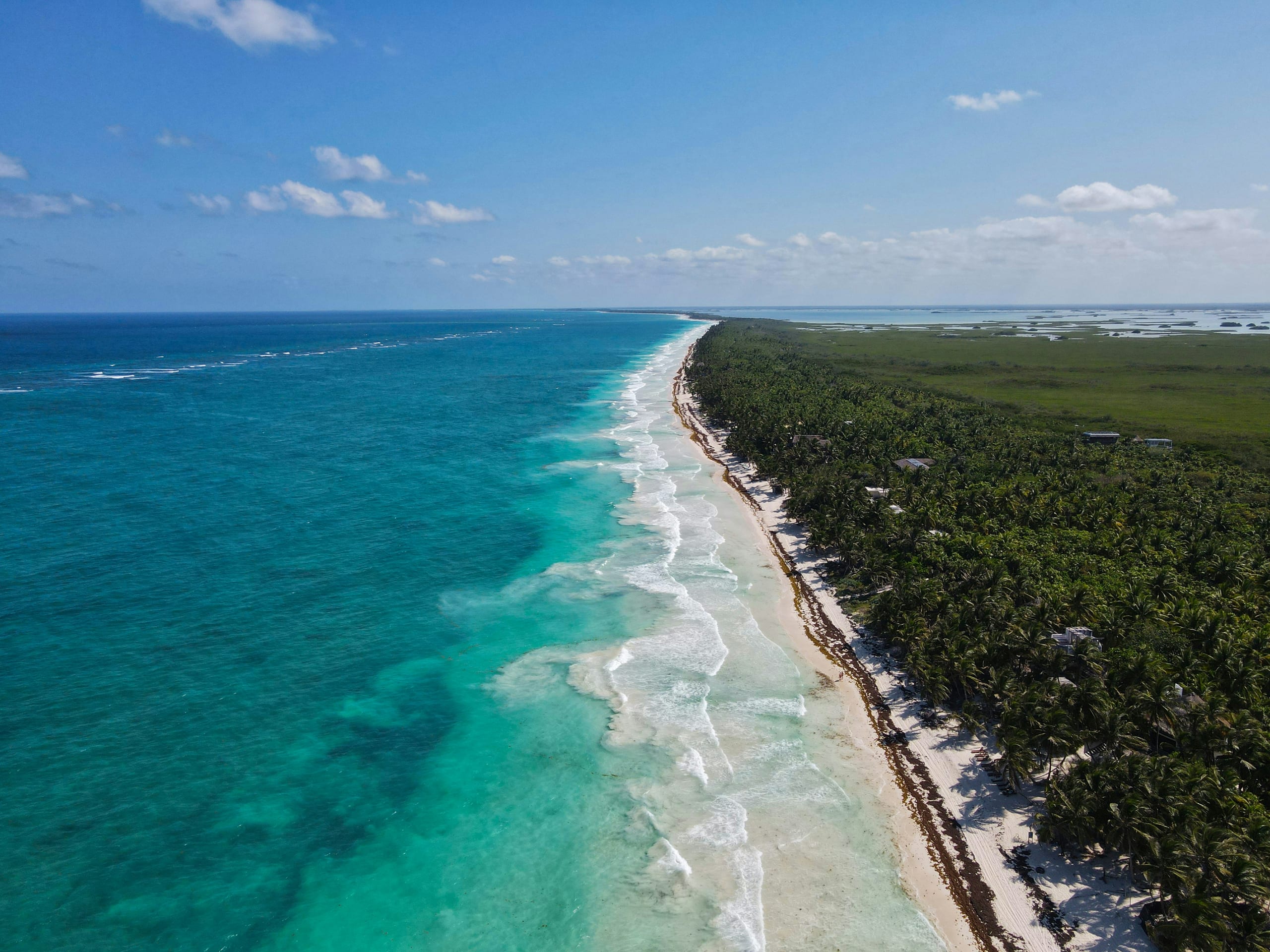 The coast from the air, a white beach running off to the horizon with jungle on one side and the reef turning from pale green to deep blue on the other