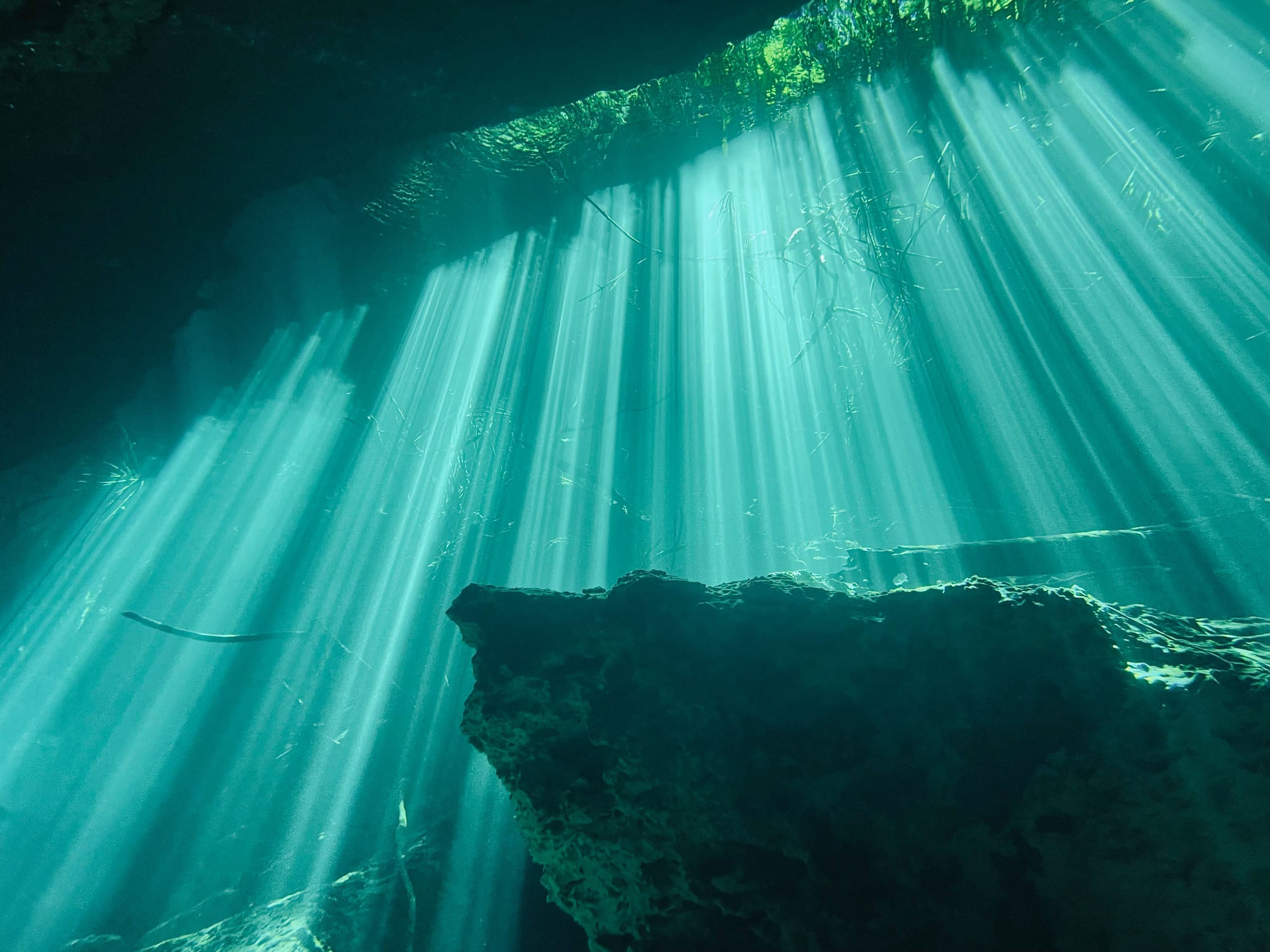 Underwater, shafts of sunlight fanning down through green blue water over the edge of a rock ledge